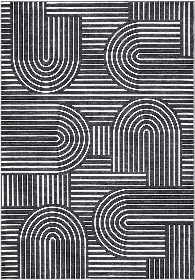 Washable Rug 10x13 Area Rugs for Living Room, Abstract Rug for Bedroom, Soft Rainbow Rugs with Rubber Back, Low Pile Stain Resistant Boho Geometric Rug for Dining Room, Black