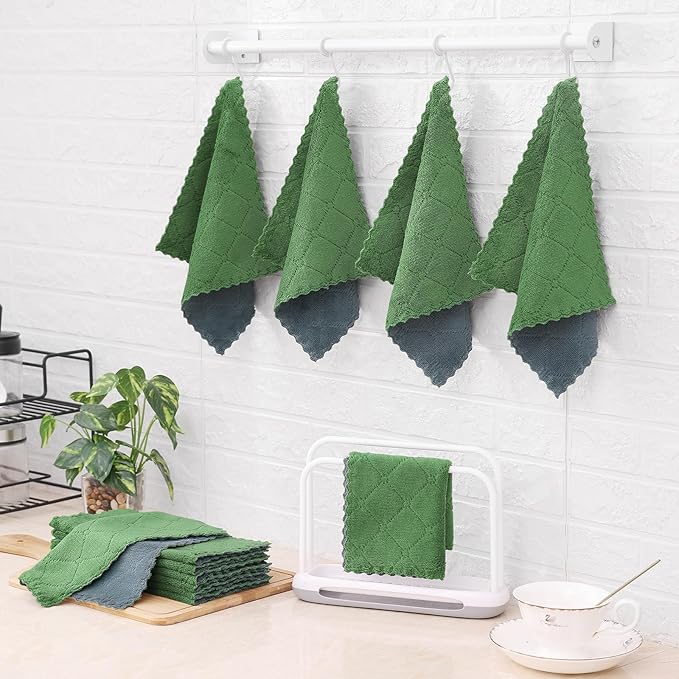 Mordimy 18 Pack Kitchen Cloths Dish Towels (10" x 10", Dark Grey & Grass Green), Super Soft and Absorbent Dish Cloths, Coral Velvet Microfiber Cleaning Cloth, Nonstick Oil Fast Dry Dishcloths