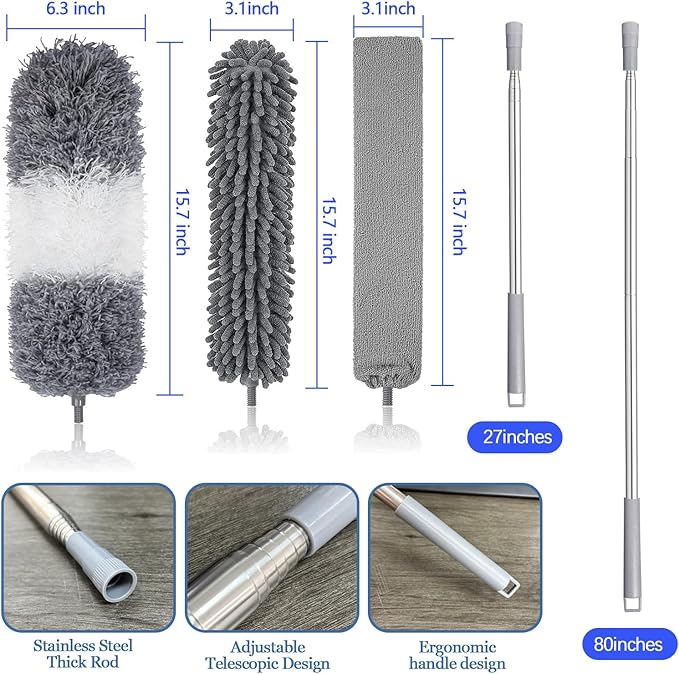 Microfiber Duster with Extension Pole 27-80 Inch, 4PCS Bendable Washable Duster Set, Stainless Steel Telescopic Handle for Ceiling Fan, High Ceiling, Under Sofa, Bed, Appliances & Blinds