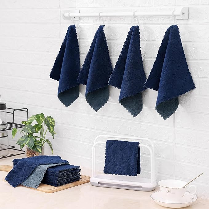 Mordimy 12 Pack Kitchen Cloths Dish Towels (10" x 10", Dark Grey & Navy Blue), Super Soft and Absorbent Dish Cloths, Coral Velvet Microfiber Cleaning Cloth, Nonstick Oil Fast Dry Dishcloths
