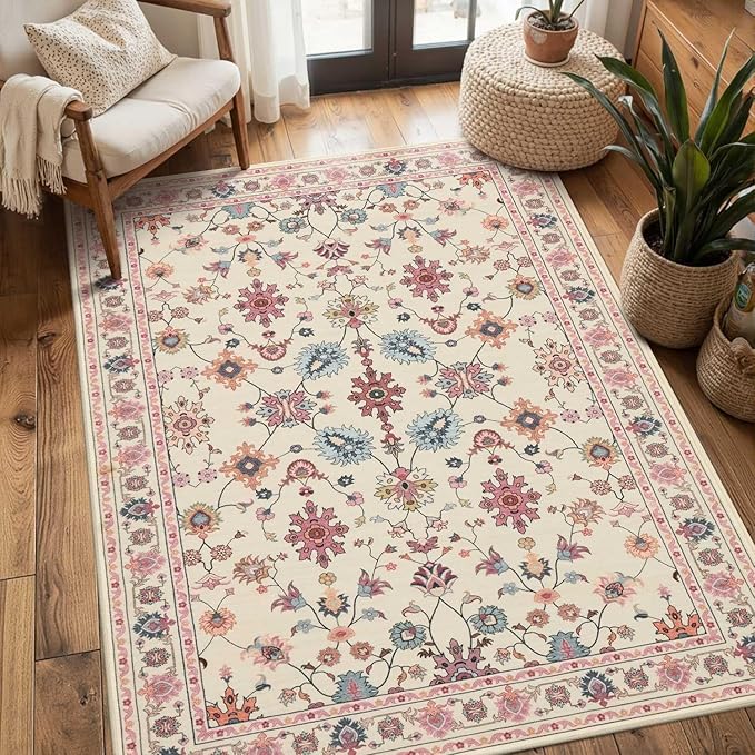 Floral Entryway Rug, 3x5 Washable Area Rug, Pink Boho Throw Rugs, Non Slip Low Pile Small Carpet for Bedroom, Girls Kids Room and Nursery Room(Pink 3x5ft)