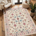 Floral Entryway Rug, 3x5 Washable Area Rug, Pink Boho Throw Rugs, Non Slip Low Pile Small Carpet for Bedroom, Girls Kids Room and Nursery Room(Pink 3x5ft)