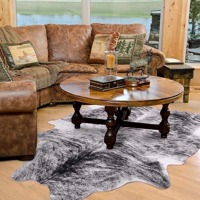 Amearea Premium Faux Cow Hide Rug, Large, Grey, 5.2x4.6 Feet, Animal Print, Rustic, Suede Backing, Non-Slip, Machine Made, Indoor, Adult, Unisex, Stain Resistant, Hand Wash Only, Bedroom, Area Rug