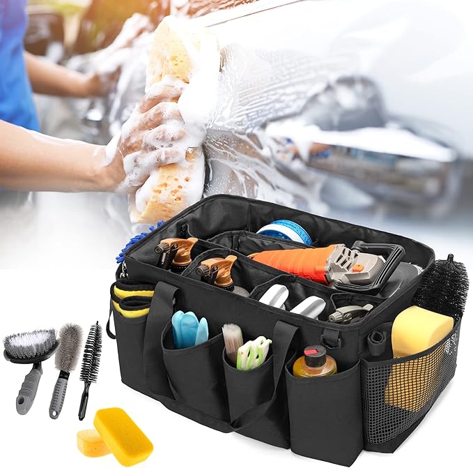 Detailing Bag with Polisher Carry Bag, Large Detail Car Care Box for Auto Detailing Supplies, Car Wash Caddy & Trunk Organizer for Buffer Bottle Towel & Cleaning Kit, Black, Patent Design