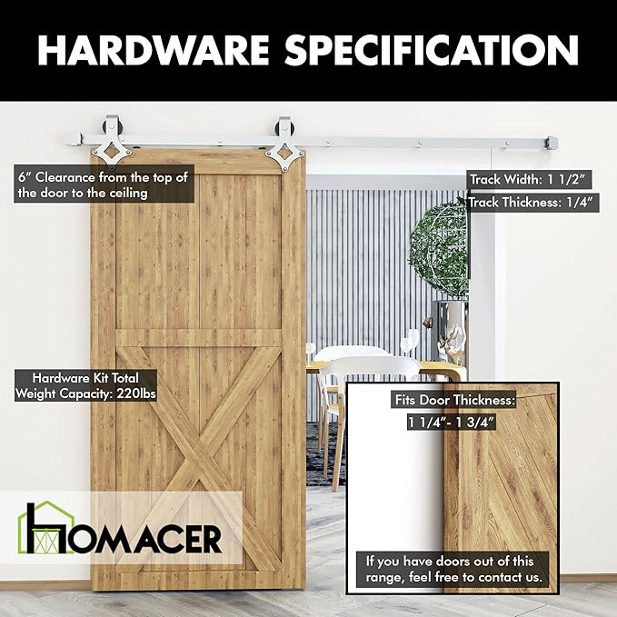 Homacer Brushed Nickel Non-Bypass Sliding Barn Door Hardware Kit, for One/Single Door, 6.6ft Long Flat Track, Diamond Design Roller, Heavy Duty, for Interior Use