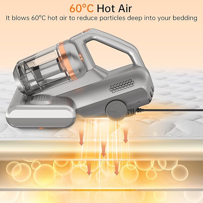 Mattress Vacuum,20Kpa Bed Vacuum Cleaner with 273nm UV-C Light & Ultrasonic & High Heating, Dual Brush Roll Rotation & Dust Cup, 500W Deep Cleaning 99.9% Filtration with 32000 RPM/Min