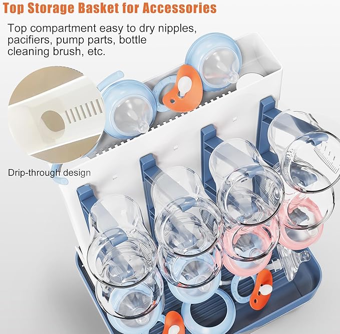 Baby Bottle Drying Rack, Vertical Bottle Rack Dryer Space Saving Bottle Drying Rack Countertop Organizer with Brush Holder for Bottles & Baby Accessories Pacifiers and Pump Part- BPA-Free(Blue)