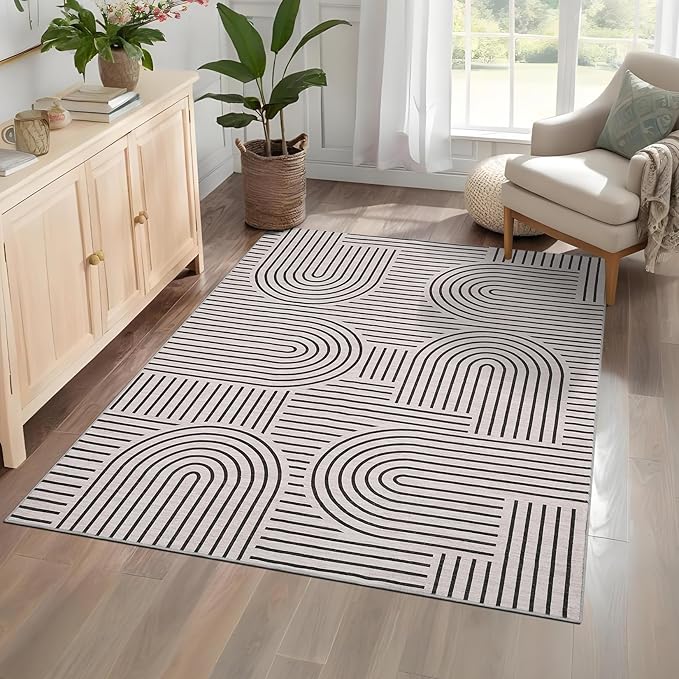 Washable Rug 4x6 Area Rugs for Living Room, Abstract Rug for Bedroom, Soft Rainbow Non Slip Throw Rugs with Rubber Back, Low Pile Stain Resistant Boho Geometric Carpet for Dining Room, LightCamel