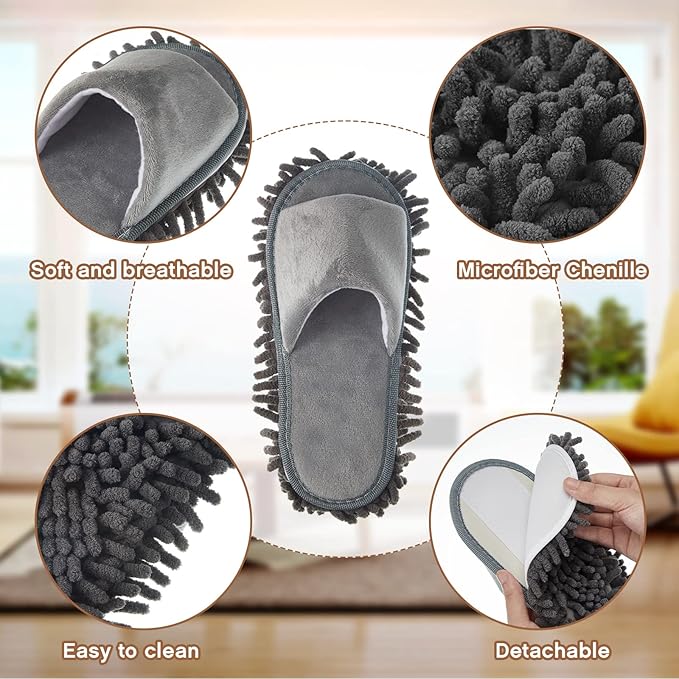 Jecery 4 Pair Washable Microfiber Mop Slippers Detachable Dusting Shoes for Floor Cleaning, Office & Home Use Suitable for Women & Men(Black, Pink, Beige, Gray,L Size)