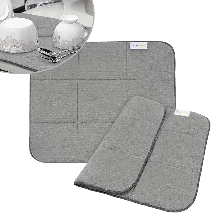 SINLAND Microfiber Dish Drying Mat Super Absorbent Dish Drying Pad for Kitchen Counter, Mat for Countertops or Sinks 16X18Inch Dark Grey 2 Pack