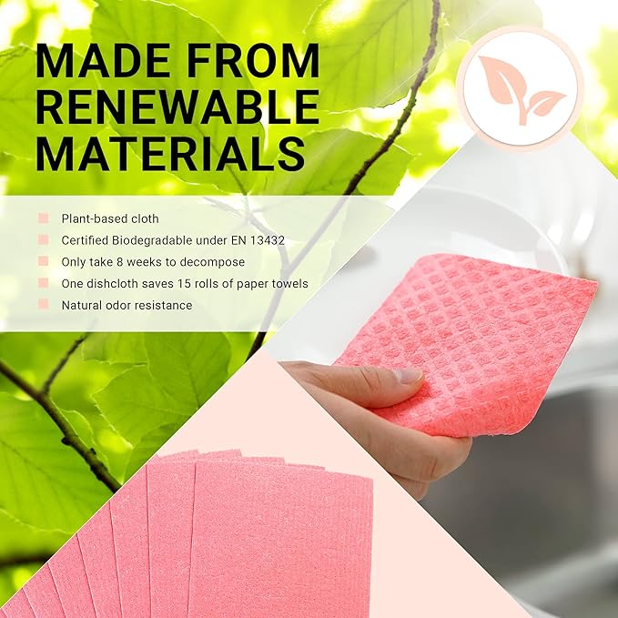 Swedish Wholesale Dishcloths Reusable 8" x 7" Sponge Cloths, Bulk 10 Pack of High Absorbent Cellulose Dish & Kitchen Cleaning Hand Towels, Wring to Dry & Machine Wash, Odor Resistant, Purple