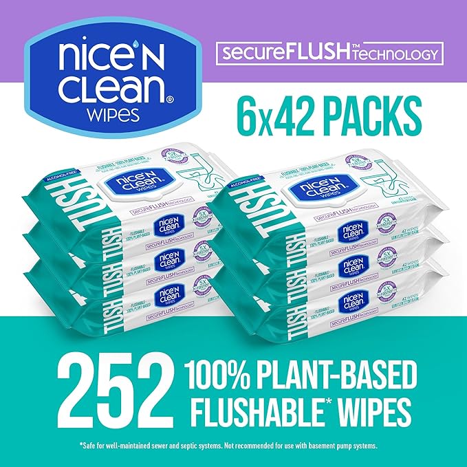 Nice 'N Clean SecureFLUSH Flushable Wet Wipes (42 Count - 6 Packs) | Moist Toilet Tissue with Moisturizing Aloe & Vitamin E | 0% Alcohol Formula for Sensitive Skin | Butt Wipes for Adults