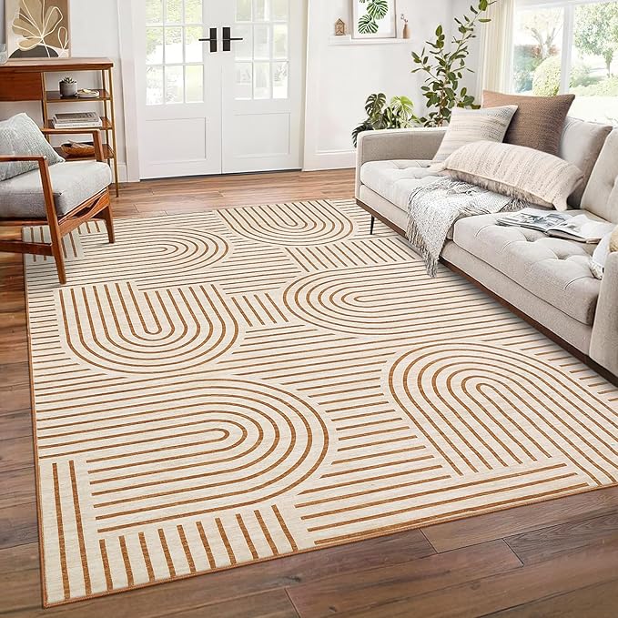 Washable Rug 8x10 Area Rugs for Living Room, Abstract Rug for Bedroom, Soft Rainbow Non Slip Throw Rugs with Rubber, Low Pile Stain Resistant Boho Geometric Carpet for Dining Room, Orange