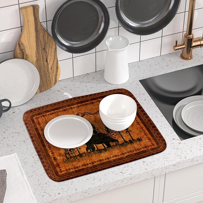 Forest Bear Dish Drying Mat 16x18 Inch Rustic Cabin Washable Microfiber Absorbent Dishes Drainer Rack Pad for Kitchen Counter Home Decor