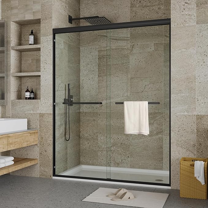 56"-60" W x 72" H Double Sliding Shower Door, Semi-Frameless Bypass Bathroom Door with 5/16"(8mm) Tempered Glass,Matte Black Finish for Walk-in Shower