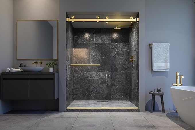 VITRA-200X 56.5-60" W x 78" High 3/8" Twinglide Frameless Shower Door with (10mm) Clear Tempered Glass (Satin Brass - Towel BAR & KNOB)