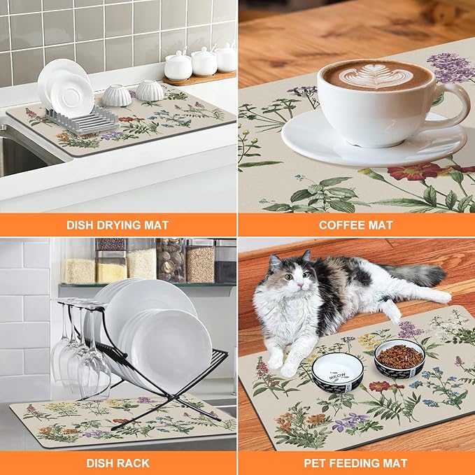 LOKHOM Dish Drying Mat for Kitchen Counter, 16"x18" Absorbent Coffee Bar Mat with Vintage Sage Flower Herbs, Dish Drainer Rack Mat for Kitchen Counter