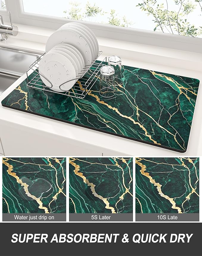 Rnivvi Dish Drying Mat for Kitchen Counter, XL 15 x 24" Cute Marble Absorbent Draining Pad, Non-Slip Heat Resistant Coffee Bar Mats for Coffee Machine Station Accessories, Green Gold Dish Rack Pad