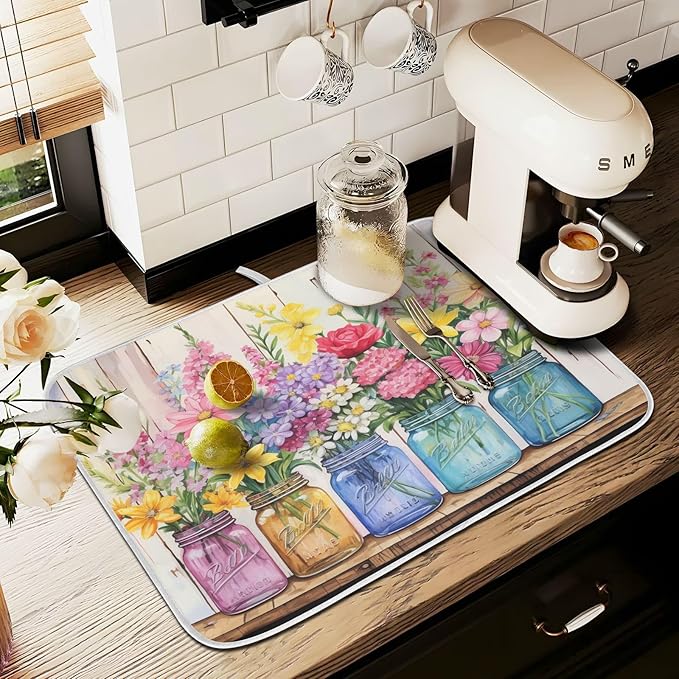 Spring Floral Jars Rustic Dish Drying Mat for Kitchen Counter Absorbent Microfiber Large Drying Pad Flowers Dish Mats for Kitchen Countertops 18 x 24 Inch