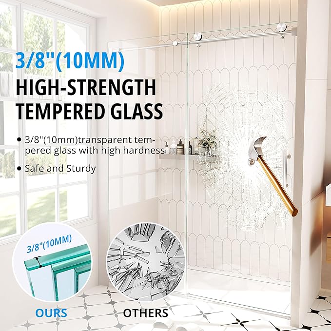 Frameless Sliding Shower Door 56–60 in W x 76 in H, 10mm Clear Tempered Glass Shower Doors Glass Sliding 60 Inches, Single Nano Coating, Stainless Steel Hardware, Silent Smooth Rollers, Brushed Nickel