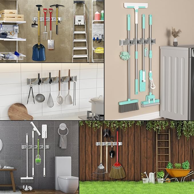 Holikme Mop Broom Holder Wall Mount Metal Pantry Organization and Storage Garden Kitchen Tool Organizer Wall Hanger for Home Goods (4 Positions with 4 Hooks, Silver)