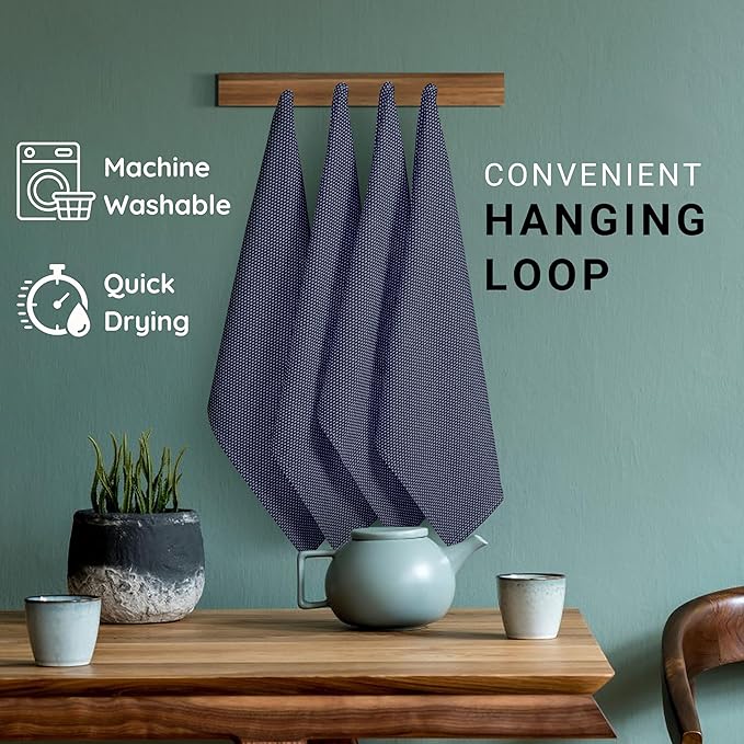 TWINY Threads 4 Pack Kitchen Towels, 100% Cotton, 18x28 Inches, Highly Absorbent & Soft, Quick-Dry Dish Towel Set with Hanging Loop, Washcloth for Cleaning, Washable for Everyday Use - Navy Blue