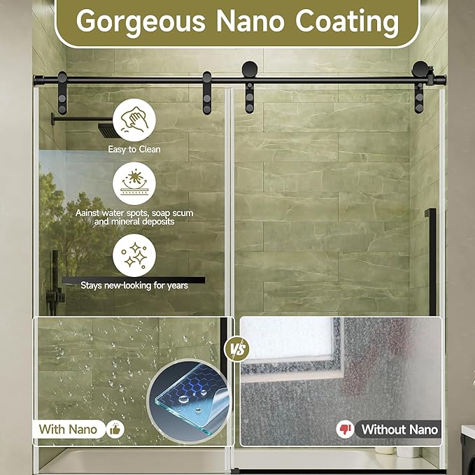 56-60" W x 60" H Frameless Bathtub Shower Door, Sliding Tub Shower Glass Door, 5/16" (8mm) SGCC Tempered Glass Shower Doors with Nano-Coating and Explosion-Proof Film, Easy to Clean, Matte Black