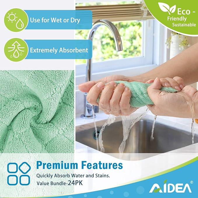 AIDEA Kitchen Towels, 24 Pack Absorbent Coral Fleece Dish Towels, No Odor Reusable Dish Cloths, Microfiber Cleaning Cloths, Fast Drying Dishcloths, 6.3" x10.4"