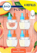 Febreze Plug In Air Freshener, Odor-Fighting Scented Oil Refill, Air Fresheners for Home and Bathroom and Kitchen, Long Lasting for Strong Odors, Juicy Summer Peaches Scent, 0.87oz Refills, 4 Count