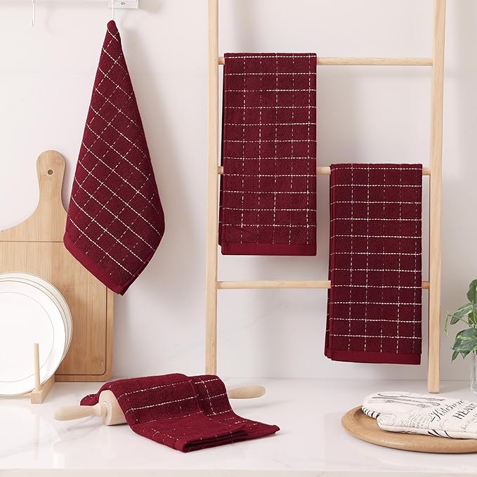 Homaxy 100% Cotton Terry Kitchen Towels(Brick Red, 13 x 28 inches), Checkered Designed, Soft and Super Absorbent Dish Towels, 12 Pack