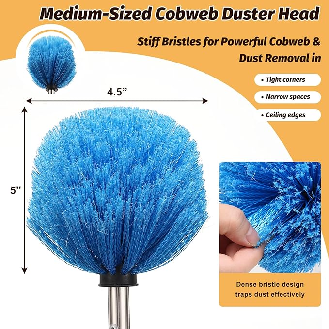 Cobweb Duster Brush with Extension Pole, Lightweight 5ft Long Spider Web Cobwebs Ceiling Fan Dust Cleaning Brush Kit with Washable Head,for Ceiling Fan, Furniture, Eaves,Vent, Roof House Cleaning
