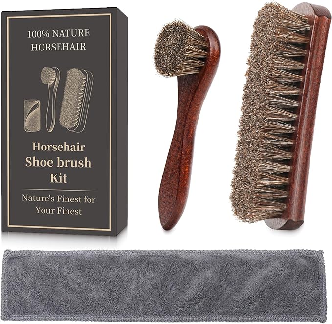 3PCS 100% Horse Hair Shoe Brush Set for Leather Boots Horsehair Brush for Polishing Cleaning Buffing Professional Shoe Shine Kit for Men Suede Boot Care Conditioner Accessories Tool