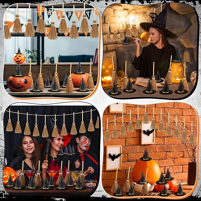 48 Pcs Mini Witch Hats and Broom for Crafts Halloween Wizard Accessories for Party Favors Decor (Black,1.97 Inches)