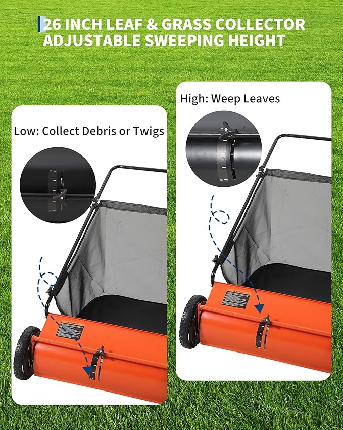 26-Inch Push Lawn Sweeper, 7 Cu. Ft. Hopper Capacity Leaf & Grass Collector with 4 Spinning Brushes, Adjustable Height, for Grass Clippings, Leaves & Debris, Orange