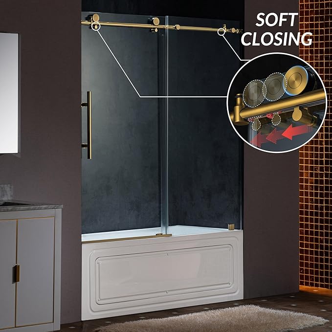 Woodbridge Frameless Single Sliding Shower Doors in Brushed Gold Finish, 57.5-60" Width x 62" Height with 3/8"(10mm) Clear Tempered Glass, Soft Close System and Explosion-Proof Film, BSDC6062-BG