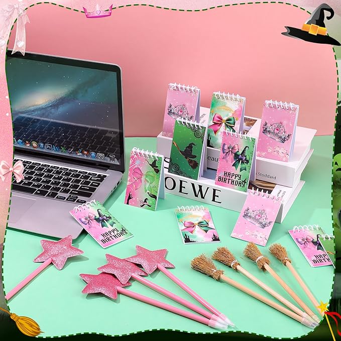 40 Pcs Princess and Witch Party Favors Include 10 Witch Broom Pencils 10 Pink Star Ballpoints 20 Mini Notebooks for Wizard Birthday Witch Halloween Party Supplies