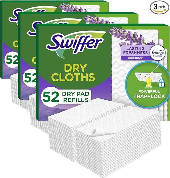 Swiffer Sweep + Mop, Dry Pads Refill, Floor Cleaner for Dirt, Dust, Hair, Cleaning Cloths for Mopping Home, Bathroom, Kitchen, Dust Mop, Floor Duster, Lavender, 52ct (Pack of 3)