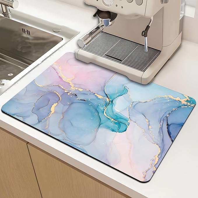 Dish Drying Mat for Multiple Usage. Super Absorbent, Easy clean, Quick dry, Cocina Accesorios for Kitchen Counter or Faucet Sink, Coffee bar, Refrigerator or Air fryer liners, 1 Pack Colorful Marble