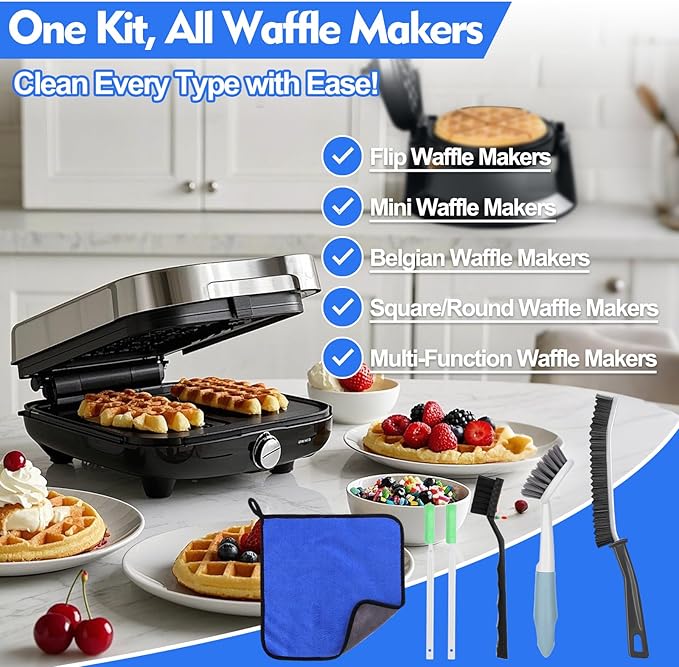 XANGNIER 6 Pcs Waffle Makers Clean Brush Kit for Belgian/Classic/Flip/Mini and All Iron Models - Non-Scratch Grid Brush emove Sticky Batter/Burnt Residue - Deep Clean Tool for Waffle Makers