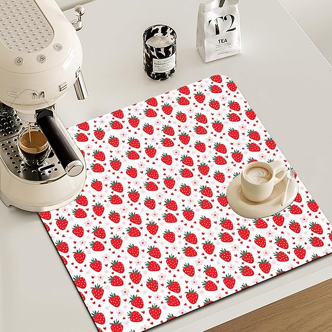 Strawberry Dish Drying Mat - Summer Strawberry Absorbent Dish Drying Mat for Kitchen Counter, Coffee Maker Mat for Countertops, Dish Rack Drainer Mat, Strawberry Kitchen Decor 16x17.5 Inch