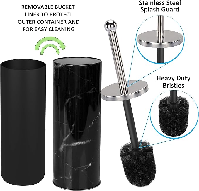 Zahari Home Marble Toilet Bowl Brush and Holder, Black, Metal