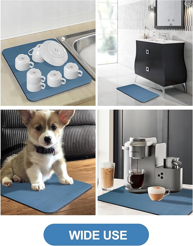 Dish Drying Mat for Kitchen Counter, 16"x24" Dish Drying Pad with Non-slip Rubber Backed, Hide Stain Anti Absorbent for Kitchen Counter, Drying Mat for Coffee Machine Dish Rack (Blue)