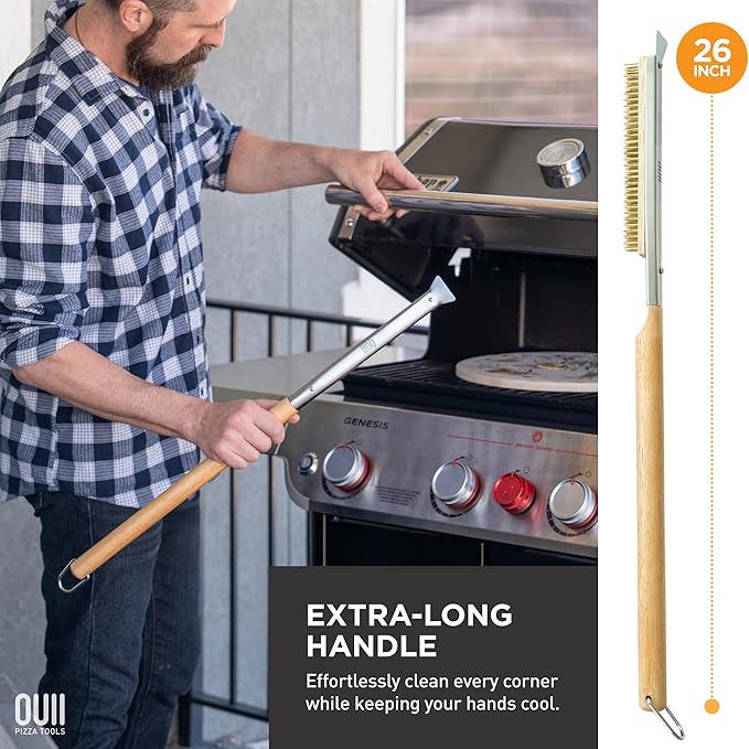 26'' Pizza Oven Brush with Stone Scraper - Includes 3 Brush Heads, Heat-Resistant Gold Stainless Steel Bristles - Long Grip Handle, Compatible with Ooni, Gozney, Blackstone, Solo Stove Ovens