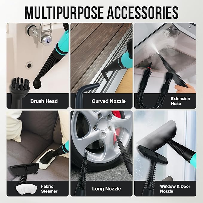 Comforday Multi-Purpose Handheld Pressurized Steam Cleaner with 9-Piece Accessories, Handheld Steamer Perfect for Stain Removal, Curtains, Car Seats, Floor, Bathroom, Window Cleaning (Light blue)