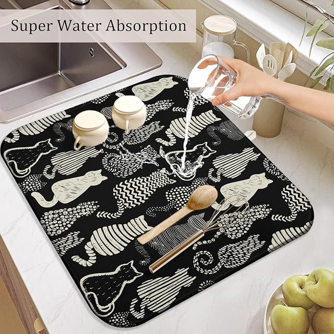 Cat Dish Drying Mat for Kitchen Countertops, Black Farmhouse Style Microfiber Drying Mat, Washable and Absorbent Kitchen Countertop Dish Drainer, 16x18 Inch