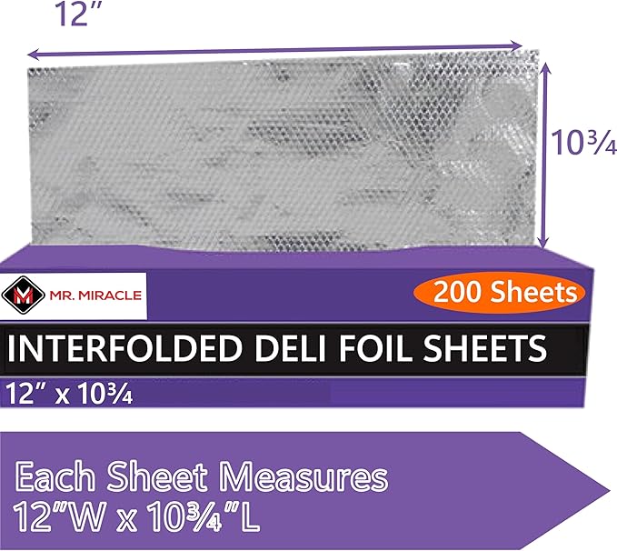 Box of 200 - Pre-Cut 12" Aluminum Foil Sheets - 12x10" Extra Wide & Heat-Tolerant Foil Sheets, 100% Aluminum, Ideal for Food Wrapping, Grilling & Freezing, Convenient Dispenser