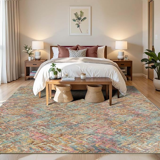 Floral Rug for Living Room Bedroom, 6x9 Washable Rug, Vintage Boho Style, Large Non Slip & Low Pile Wool Carpet for Indoor Dining Room, Girls Room, Nursery Room and Kids Room(Multi 6x9ft)