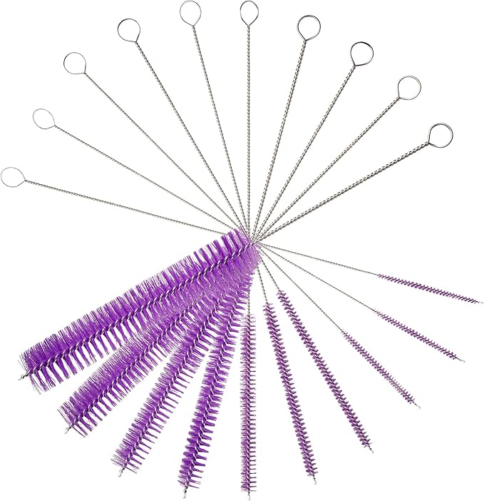 10" Tube Cleaning Brush Set, 10 Pack, Extra Long Nylon Straw Brushes with Flexible Handles for Bottles, Cleaning Straws, Pipe Cleaners, Keyboard, Glass, Guns, Detailing and Deep Cleaning, Purple