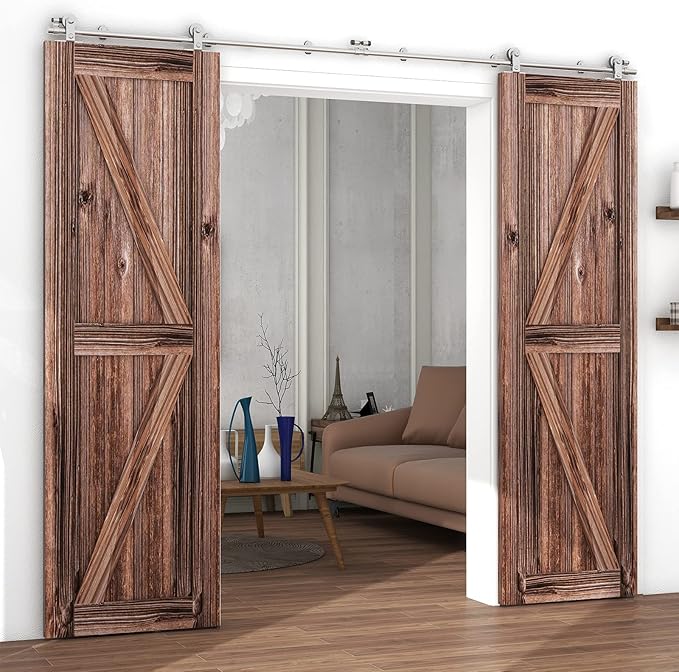 TSMST 11FT Sliding Barn Door Hardware Kit, Top Mount Stainless Steel Heavy Duty Sturdy Barn Door Track for Double Wood Door, Slide Smoothly Quietly (T Style)