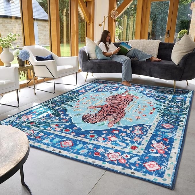 Blue Cheetah Rug 10x8 FT Boho Leopard Vintage Tropical Jungle Animal Rug Aesthetic Rugs for Girls Room Living Room Bedroom Home Office Thin Animal Colorful Funky Carpet